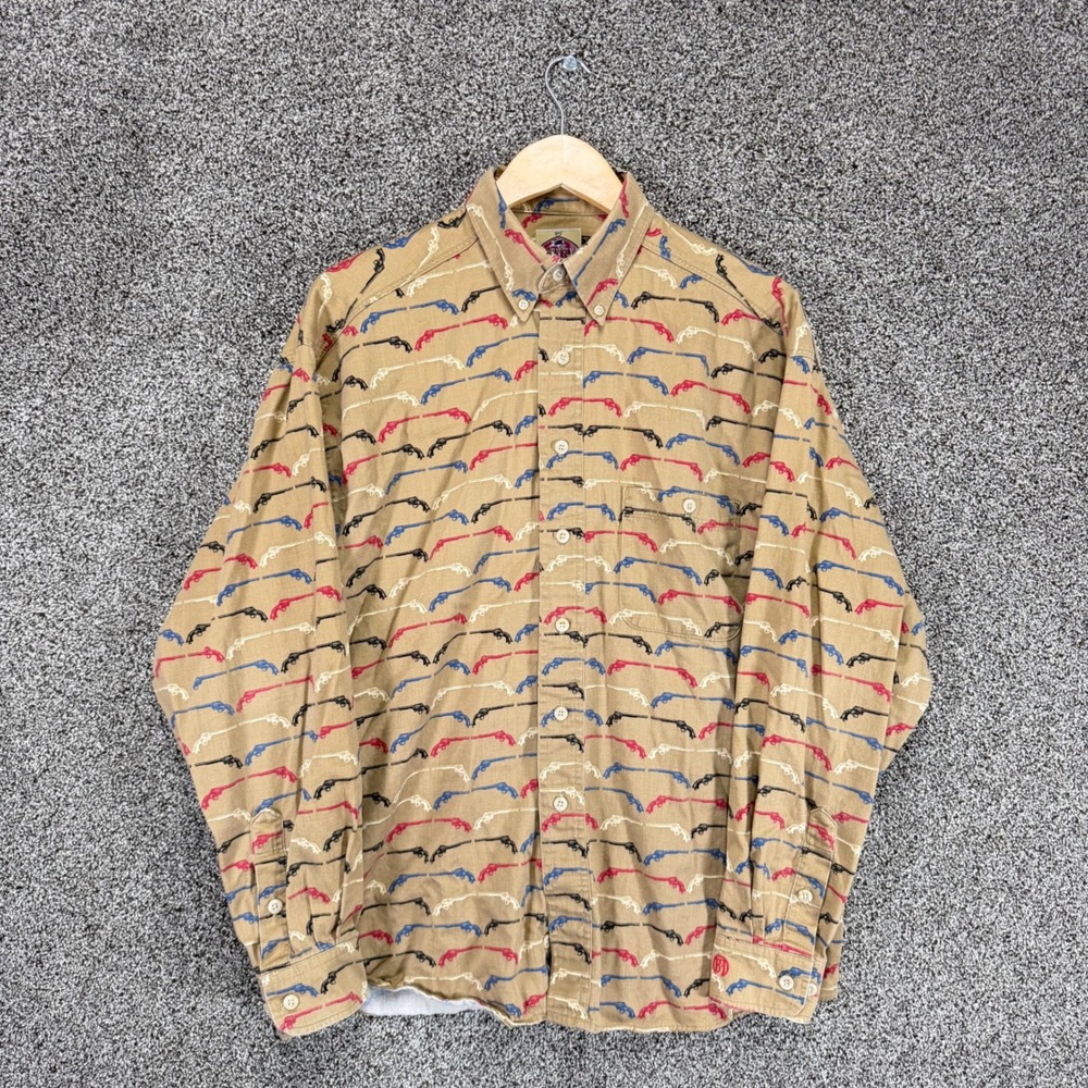 Vintage Barn Fly Shirt Mens M Brown Big Iron Revolver Gun Print Made In USA